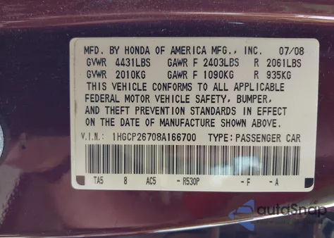 2008 Honda Accord 2.4 Ex из США, поврежденный, VIN 1HGCP26708A166700